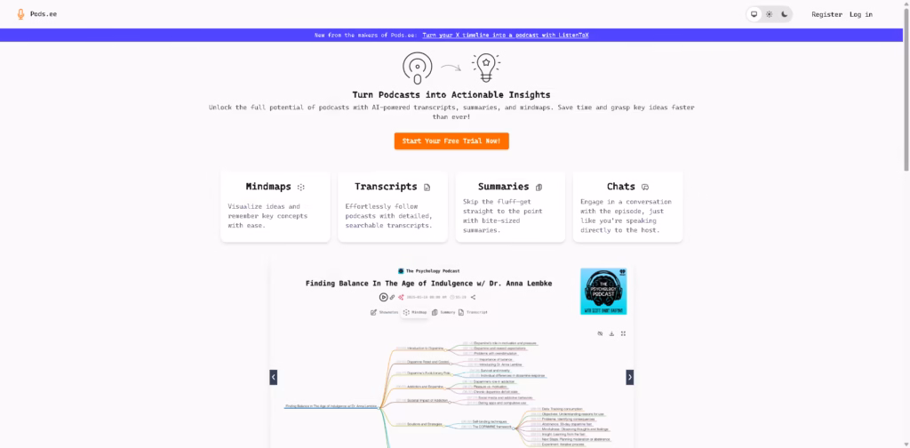 Pods.ee -AI-transcripts-mindmaps-summaries-outlines-notes-and-more-for-podcasts