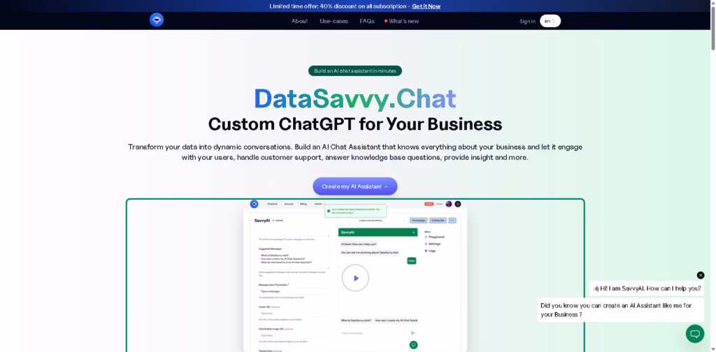 Explore DataSavvy.Chat pricing, custom AI assistants, multilingual support, integrations, customization, and key limitations.